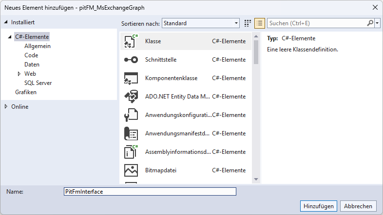 Neue Klasse erstellen Neue PitFmInterface-Klasse in VS erstellen