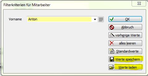 Filterparameterwerte Speichern und Laden