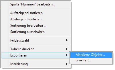 Tabelle exportieren, neue Funktion in Kontextmenü