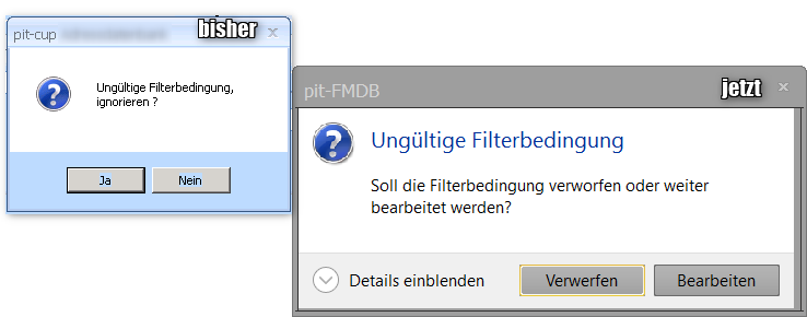 Warnung bei fehlerhafter Filterbedingung